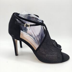 BCBG Black Mesh Floral Lace Stiletto Heels Size 11 Ankle Strap Open Toe Wedding